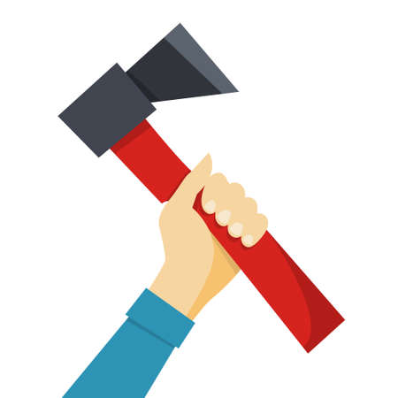 Hand holding an axe. Lumberjack tool. Hatchet for wood work. Isolated vector illustrationのイラスト素材