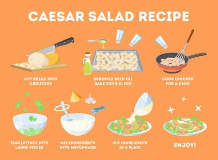 How to cook caesar salad at home. Easy recipe for tasty homemade food. Chicken and lettuce ingredients. Healthy fresh nutrition. Isolated cartoon vector illustrationのイラスト素材
