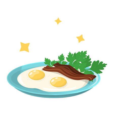 Tasty fried eggs with bacon and parsley for breakfast. Delicious food in the morning. Yellow yolk. Vector illustration in cartoon styleのイラスト素材