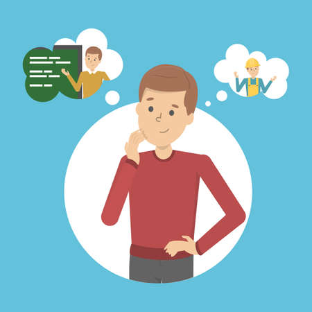 Man think about future occupation. Choosing career. Teacher or engineer. Thinking about profession. Vector illustration in cartoon styleのイラスト素材