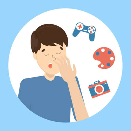 Tired or bored man yawn. Sleepy guy with open mouth. Man yawning covering mouth with hand. Getting bored from different activity. Isolated flat vector illustrationのイラスト素材