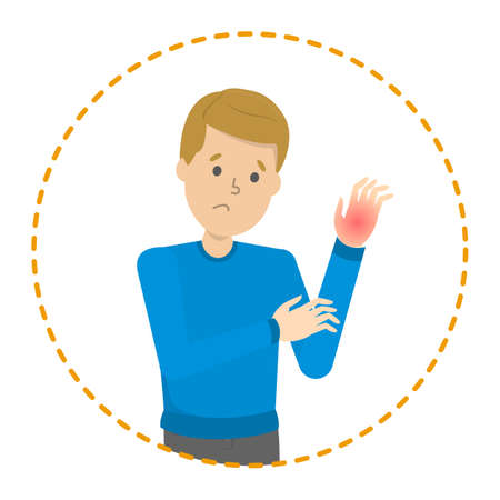 Man feel numbness in a one hand. Symptom of disease. Muscle injury. Tingling in hand. Vector illustration in cartoon styleのイラスト素材