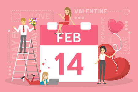 Valentine day concept. People celebrate romantic day. Heart decoration. Idea of love and romance. Vector illustration in cartoon styleのイラスト素材