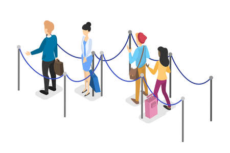 Airport with passenger. Check-in and registration. People with passport and baggage in queue. Travel and tourist concept. Isolated vector isometric illustrationのイラスト素材