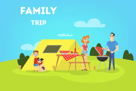 Family on BBQ party with tent smiling and eating. Cooking tasty barbeque on grill. Vector illustration in cartoon styleのイラスト素材