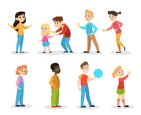 Children set. Girl and boy standing and smiling. Group of kids in different position. Vector illustration in cartoon styleのイラスト素材