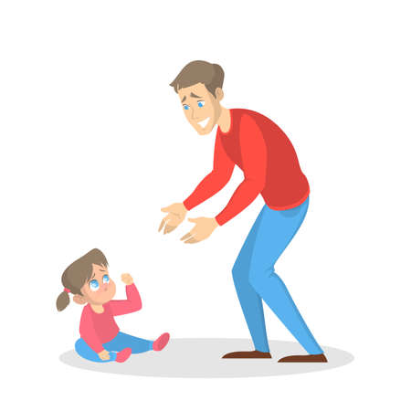 Little upset child cry and man try to calm a baby. Father and sad kid. Isolated vector cartoon illustrationのイラスト素材