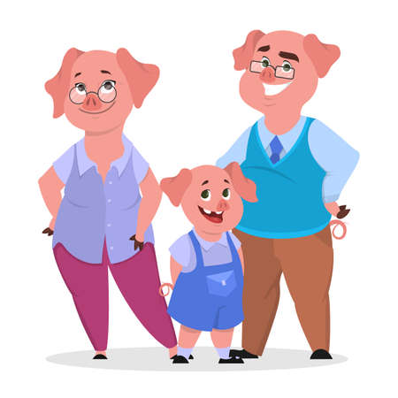 Happy pig family in clothes. Mother, father and child. Cute funny pink character with piglet. Isolated vector illustration in cartoon styleのイラスト素材