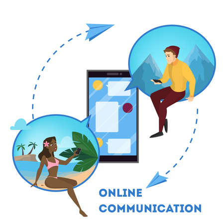 People using online communication. Teens communicate with friends through social networks using smartphones and computers. Internet addiction. Isolated vector isometric illustrationのイラスト素材