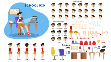 School boy character set for the animation with various views, hairstyle, emotion, pose and gesture. Child and different facial expression. Isolated vector illustration in cartoon styleのイラスト素材