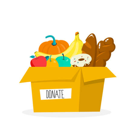 Charity concept. Donate to help poor people. Make donation and share love. Idea of humanitarian. Box with food. Vector flat illustrationのイラスト素材