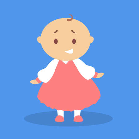 Cute little baby girl standing. Toddler in red dressのイラスト素材
