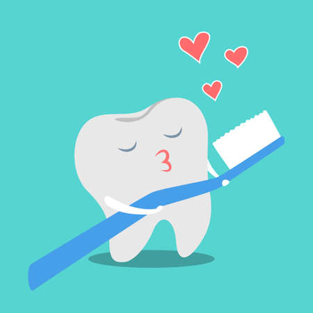 Tooth in love with toothbrush. Funny dental character kiss brush. Idea of oral care. Isolated flat vector illustrationのイラスト素材