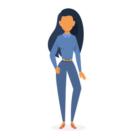 Businesswoman in suit standing. Office worker. Beautiful happy girl. Vector illustration in cartoon...