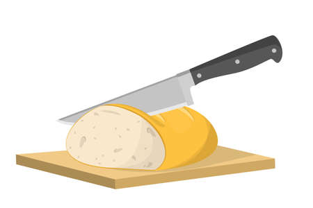 Cutting bread into slice with knife. Cooking toast for breakfast. Bread on the cutting board. Isolated vector illustration in cartoon styleのイラスト素材