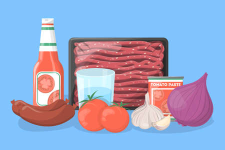 Ingredients for lasagna recipe. Cooking at home. Italian delicious food. Meat meal for dinner or lunch. Garlic, onion and tomato. Vector illustration in cartoon styleのイラスト素材