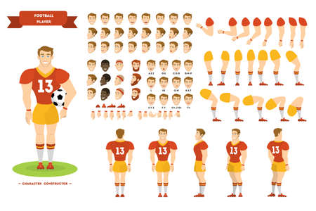 Football player character set for the animation with various views, hairstyle, emotion, pose and gesture. Isolated vector illustration in cartoon styleのイラスト素材