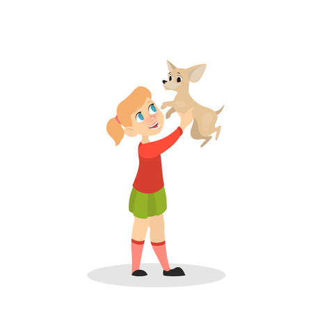 Child girl play with a dog. Happy kid and pet spend time together. Friendship between animal and children. Isolated vector illustration in cartoon styleのイラスト素材