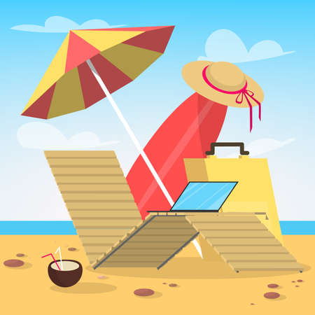Summer beach. Chaise lounge, umbrella and surfing board. Tropical landscape. Vector illustration in cartoon styleのイラスト素材