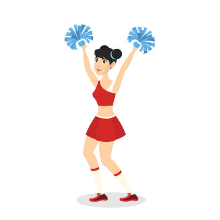 Beautiful cheerleader dancing in uniform with pompoms and smiling. Female character. American football team support. Pretty teenager.のイラスト素材