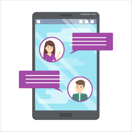 Cellphone conversation. Communication in the internet. Message on the phone screen. Isolated vector illustration in cartoon styleのイラスト素材