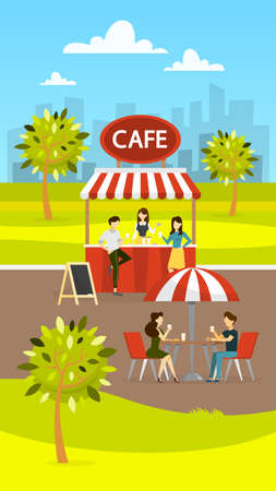 Street cafe. People sit at the table and drink coffee. Outdoor cafeteria. City landscape on background. Cafe in the park. Vector illustration in cartoon styleのイラスト素材