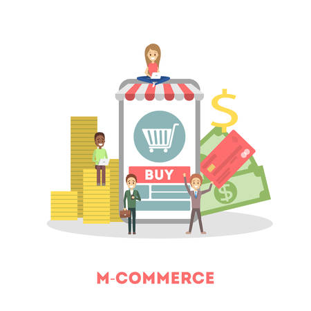 M-commerce web banner set. Online shopping and mobile marketing. Electronic money. Flat vector illustrationのイラスト素材
