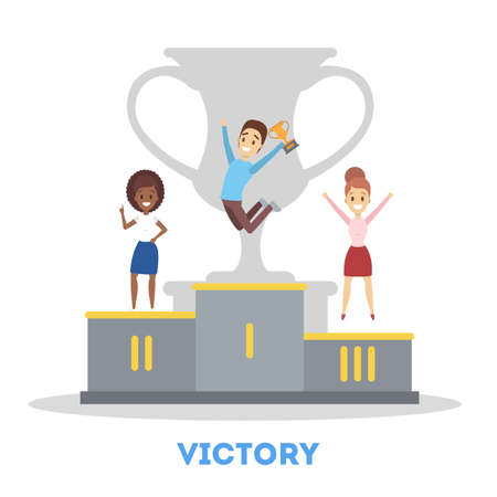 People with trophy cup celebrate success. Idea of teamworkのイラスト素材
