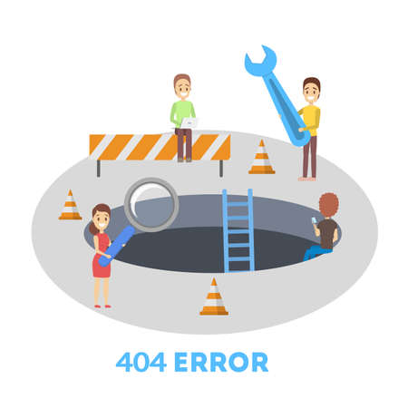 People try to fix broken website banner. 404 error page not found concept. Flat vector illustration...