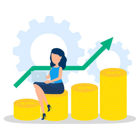 Business woman with money. Happy successfull woman sitting on the pile of money coin and working on laptop computer. Financial well-being. Isolated vector illustration in cartoon styleのイラスト素材