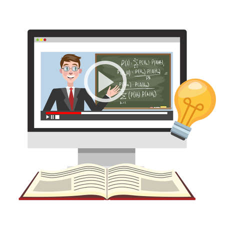 Online education concept. Digital training and distance learning. Study in internet using computer. Video webinar. Isolated vector illustration in cartoon styleのイラスト素材