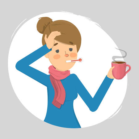 Woman with a high temperature and headache as a symptom of flu or cold. Girl with thermometer is unhappy and in sweat. Hand holding hot tea. Isolated vector illustration in cartoon styleのイラスト素材