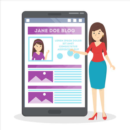 Woman edit profile in social network. Web page design on mobile screen. Brunette girl. Vector illustration in cartoon styleのイラスト素材