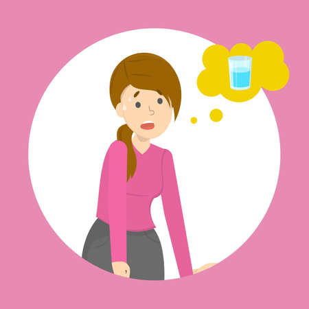 Tired woman think about glass of fresh water. Thirst concept. Thirsty girl. Isolated vector illustration in cartoon styleのイラスト素材