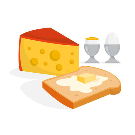 Cheese, butter on bread and egg for breakfast. Morning meal. Healthy fresh food. Isolated vector illustration in cartoon styleのイラスト素材