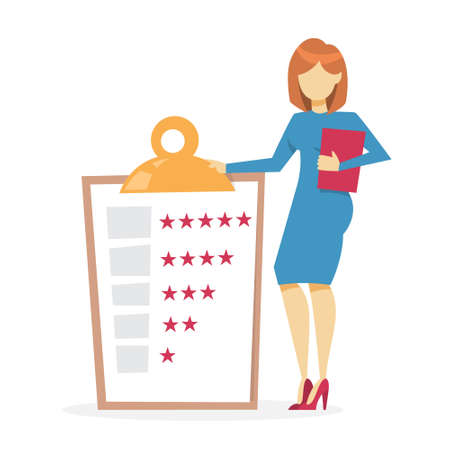 Woman standing at document with rating on it. Idea of customer review and feedback. Good quaity and 5 star rating. Vector illustration in cartoon styleのイラスト素材