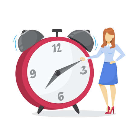 Woman standing at a big clock. Time management and alarm concept. Female person waiting and make schedule. Isolated vector illustration in cartoon styleのイラスト素材