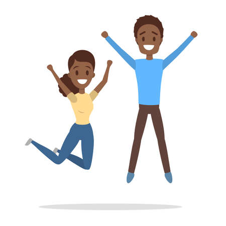 Couple of happy people jumping. Celebration and joy. Guy and girl full of energy jump in the air. Flat vector illustrationのイラスト素材