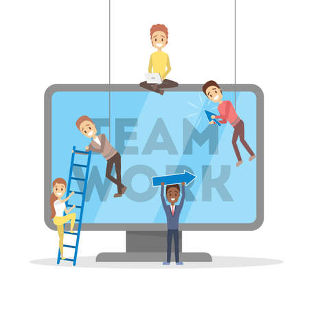 People work together in team banner. Strategy and business planning. Workers support each other. Isolated vector illustration in cartoon styleのイラスト素材
