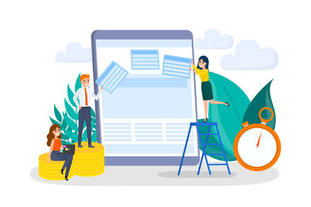 People building website concept. Create web page on the computer. Design, construction and development. Programming process. Flat vector illustrationのイラスト素材