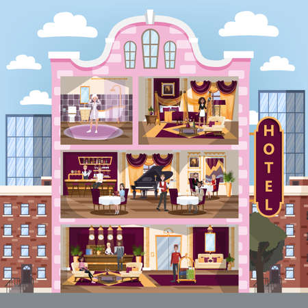 Hotel building interior. Restaurant and reception, room and bath. People with baggage on vacation. Dinner in cafe. Hotel staff. Vector illustration in cartoon styleのイラスト素材