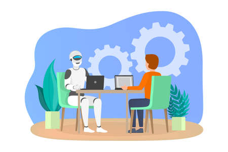 Man and robot working together in office. Idea of artificial intelligence and machine learning. Flat...