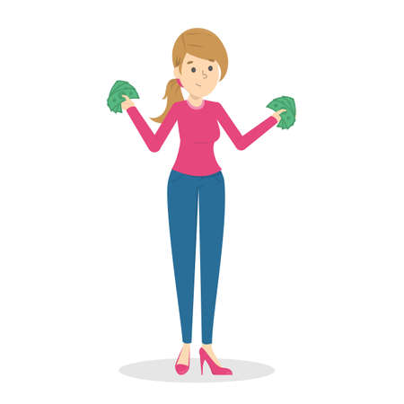 Woman with money. Happy successfull lady hoding money banknotes. Financial well-being. Isolated vector illustration in cartoon styleのイラスト素材