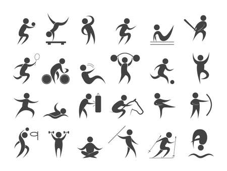 Sport people set. Collection of different sport activity icon. Basketball, football, volleyball and badminton. Isolated flat vector illustrationのイラスト素材