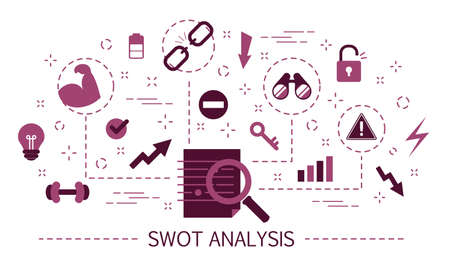 SWOT Analysis concept. Strengths, weaknesses, threats and opportunities of company. Business management and marketing. Set of colorful icons. Isolated flat vector illustrationのイラスト素材