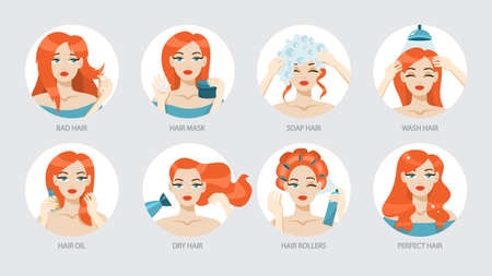 How to care for your hair and style them instruction. Hair treatment procedure. Dry with hairdryer, use oil and mask for health. Make curl with curling iron. Isolated vector cartoon illustrationのイラスト素材