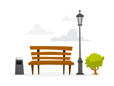 Park wooden bench. Element of public park summer scenery. Vector illustration in cartoon styleのイラスト素材