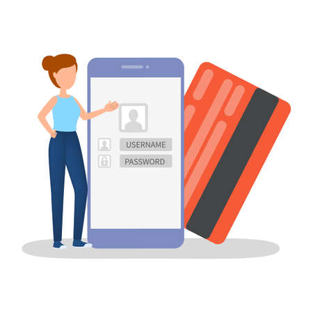 Woman standing at mobile phone and credit card. Idea of mobile bank and digital money transaction. Flat vector illustrationのイラスト素材