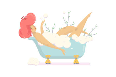 Woman taking a bath with bubble. Hygiene and beauty. Girl wash body. Isolated vector illustration in cartoon styleのイラスト素材