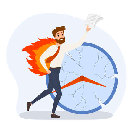 Deadline concept set. Idea of many work and few time. Employee in a hurry. Panic and stress in office. Business problems. Flat vector illustrationのイラスト素材